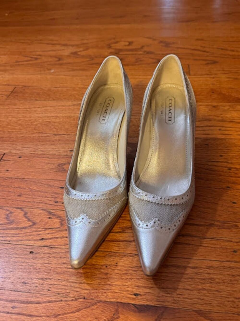 Coach Estefani Metallic Champagne Leather & Woven Linen Heel Pumps - Size 7.5 B